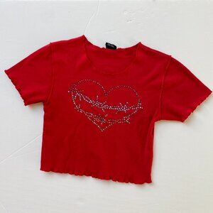 Urban Outfitters Cropped Lettuce Edge Sequin Heart Tee